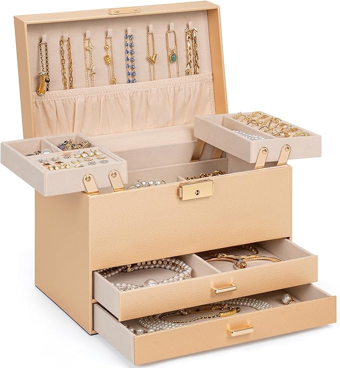 AKOZLIN Travel Jewelry Box Organizer Functional 2-trays Leather Jewelry Storage Case with Lockable Portable 2 Drawers for Women Girls Ring Necklace Earring Bracelet