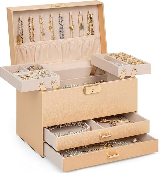 AKOZLIN Travel Jewelry Box Organizer Functional 2-trays Leather Jewelry Storage Case with Lockable Portable 2 Drawers for Women Girls Ring Necklace Earring Bracelet