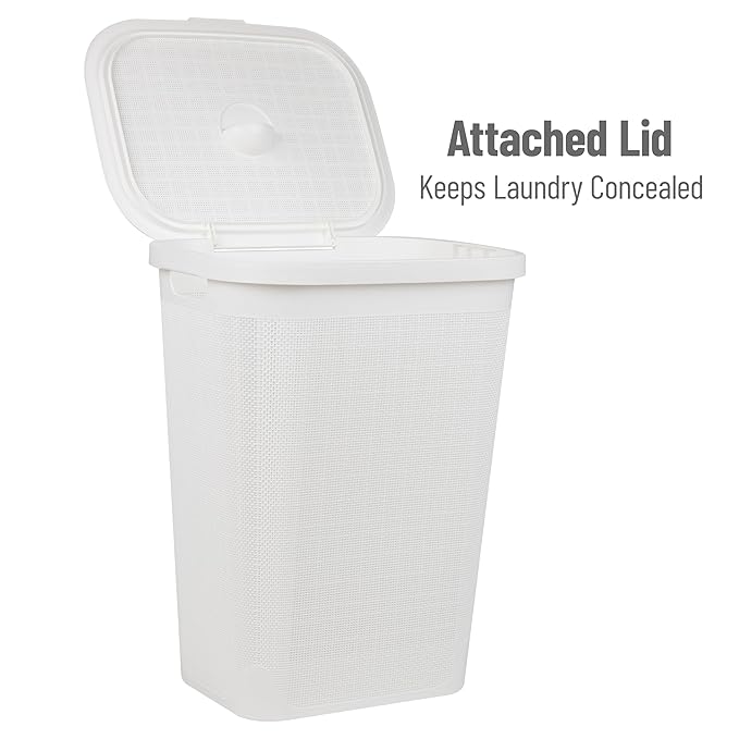 Mind Reader 60L Slim Laundry Hamper, Clothes Basket, Lid, Linen Design, Plastic, White