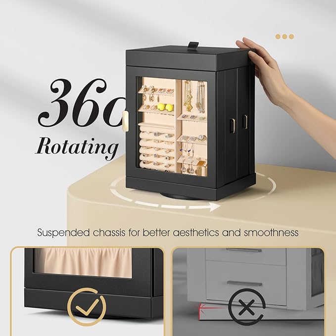 TidyStash 360° Rotating Jewelry Organizers and Storage, Large Jewelry Boxes for Women Necklace, Ring Earring Storage, Vertical Accessory Organizers and Storage, Black