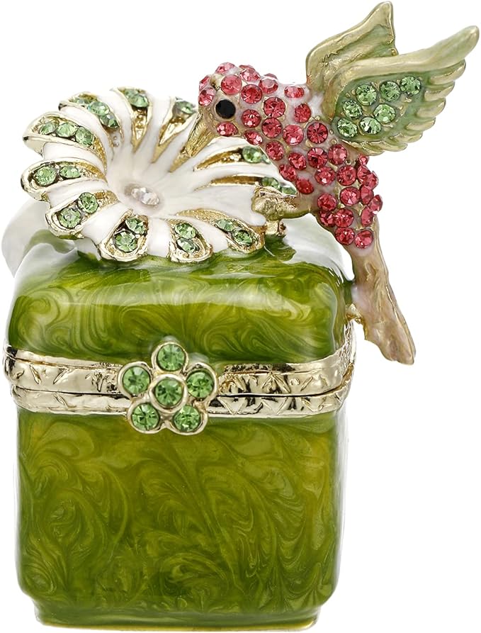 Hand Painted Enamel Hummingbird Trinket Box for Home Decor, Hinged Jewelry Organizer for Ring Earrings, Unique Figurine Keepsake Collectible Personalized Handmade Ornament Gifts (Green Hummingbird-3)