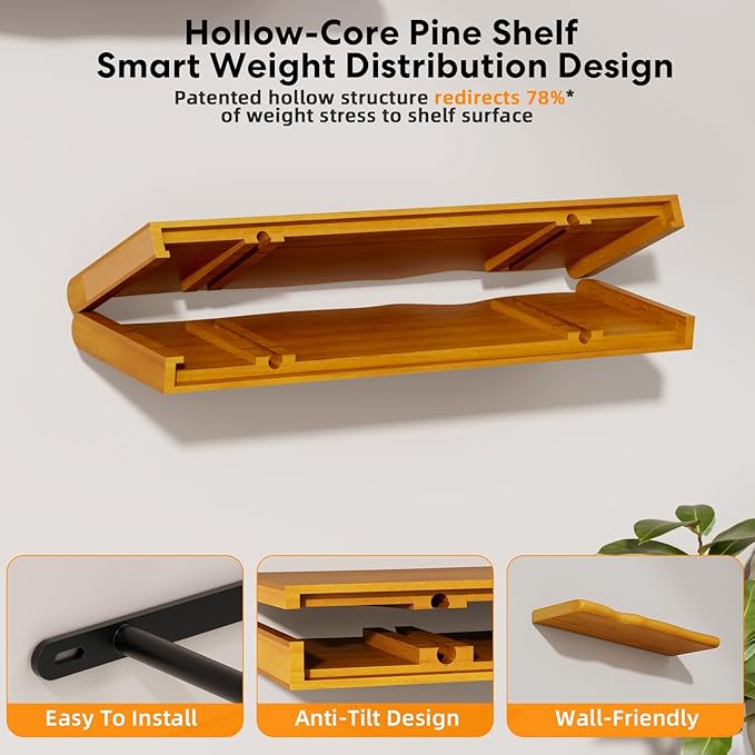 Floating Shelves for Wall Rustic Farmhouse 24 Inch Floating Shelf Wooden Shelves for Wall Mounted Live Edge Pine Shelf with Unique Natural Grain for Living Room Bedroom Kitchen (Honey Walnut)