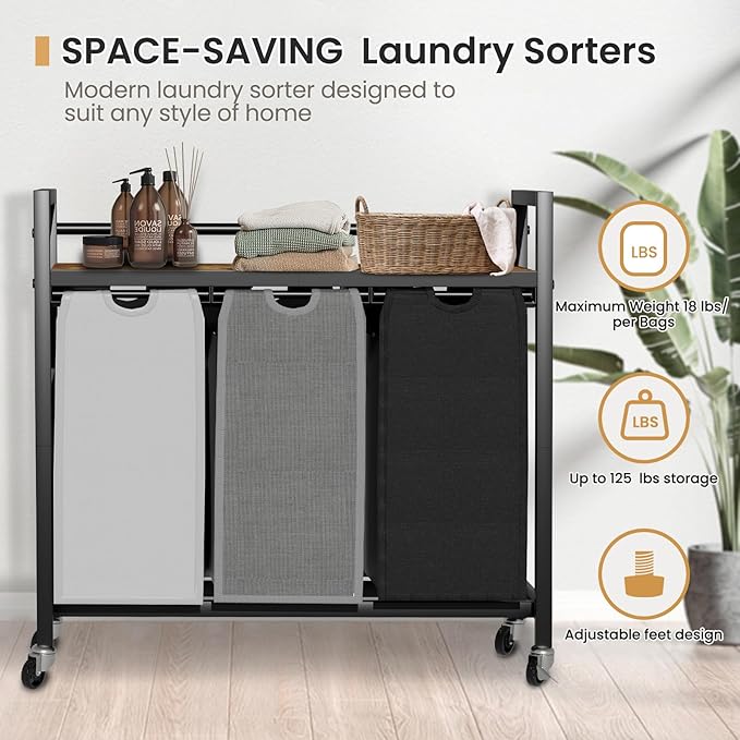 SwaaVee Laundry Hamper, Laundry Basket, Laundry Sorter with 3 Removable Bags, Clothes Basket with 3 Compartments, Wheels, Shelf for Laundry Room Bathroom Bedroom (3 Bags-Black Grey White)