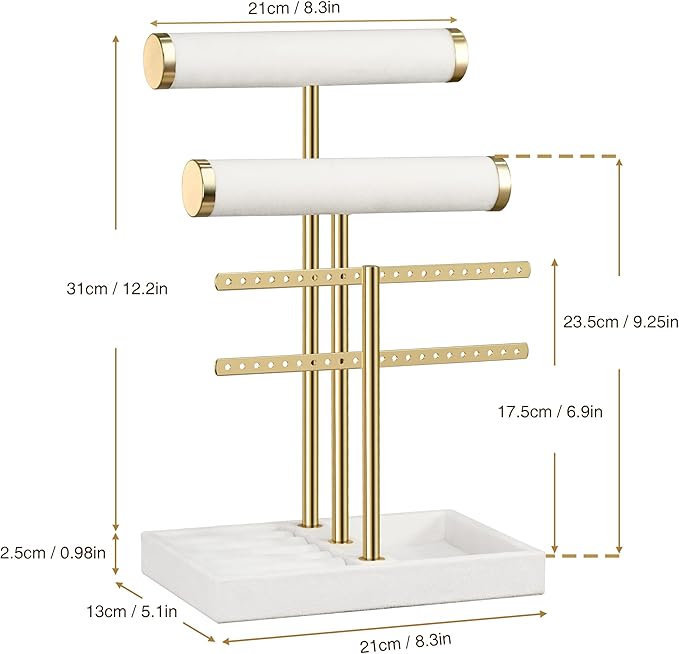 bussdis 3 Tier Bracelet Holder Display - Detachable T Bar White Velvet Bracelet Holder, Jewelry Holder Organizer for Bracelet, Necklace, Earrings, Rings