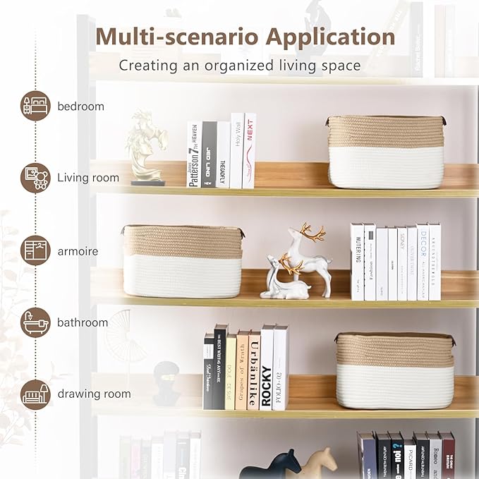 ECDYQXVU Cotton Rope Storage Baskets,15x10x9 in,Foldable Storage Bins, Decorative Woven Basket Cube Storage Organizer for Laundry, Towel, Clothes (White/Beige-3Pack, 15x10x9 inches)