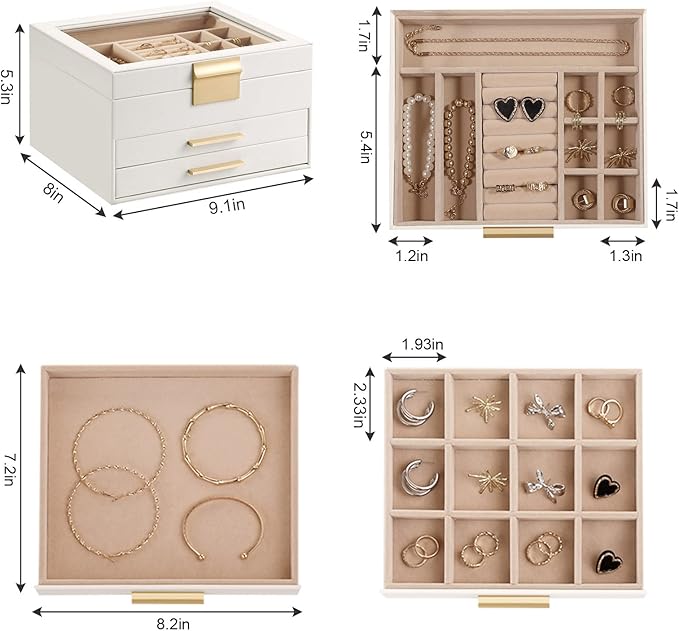 Somduy Jewelry Box Organizer for Women,3 Layers Jewelry Storage Display Box with Glass Lid,Gift for Christmas,3 Drawers,Large Capacity for Necklace Earrings Bracelets Rings,White