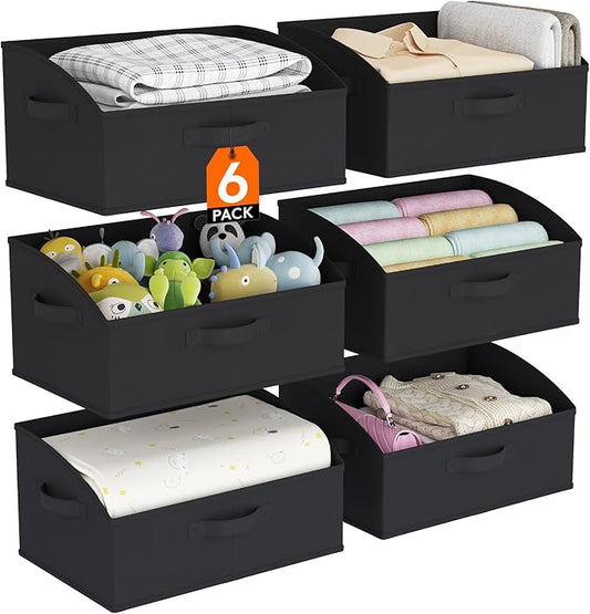 Lifewit Trapezoid Closet Storage Bins for Shelf, 6 Packs Non-woven Closet Organizer Baskets with Handles, Foldable Clothes Containers Boxes for Clothing, Book, Purse, 19L, Large, Black