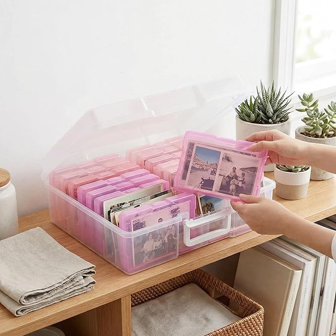 novelinks Transparent 4" x 6" Photo Cases and Clear Craft Keeper with Handle, 16 Inner Photo Organizers & Photo Storage Box, Plastic Photo Storage Containers (Pink Gradient)