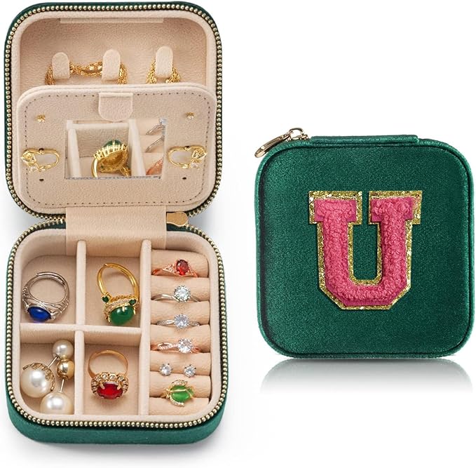 Personalized Velvet Travel Jewelry Case Box For Women Ring Necklace Earring Holder Organizer with Mirror Green Girls Box Birthday Gifts Mom Initial U