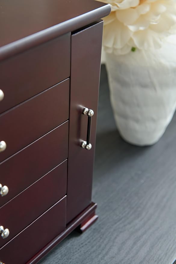 Brown 5 Layer Jewelry Box for Women,Top With Mirror Wooden Jewelry Organizer,With 8 Hook And Velvet Lining Large Jewelry Storage,For Watch Necklace Ring Earring Storage Gifts