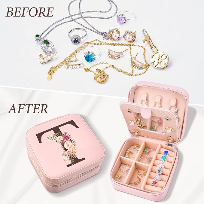 Inngeroo Mom Gifts for Women from Daughter Son, Travel Jewelry Case Box Organizer Personalized Gifts for Mom Wife Women, Gift for Friend Sister Grandma Aunt, Initial T