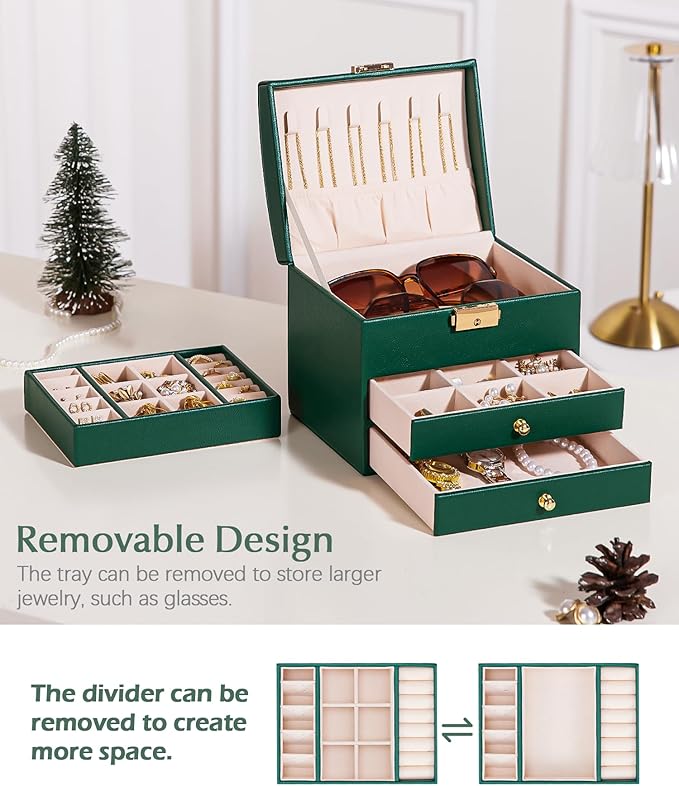 Homde Mothers Day Gifts Small Girls Jewelry Box with Lock: 3 Layer Organizer with Removable Tray - Storage for Ring Necklace Earring - Birthday & Return Gifts for Young Women (Midnight Green)