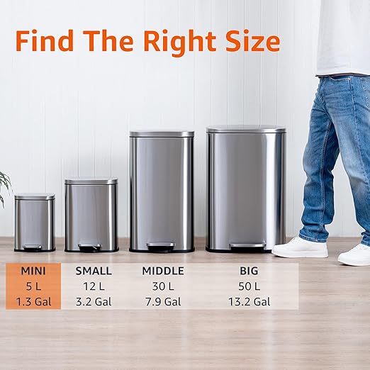Amazon Basics Smudge Resistant Mini Rectangular Trash Can with Soft-Close Lid, Foot Pedal, Removable Inner Bucket, 5L/1.32 Gal, Brushed Stainless Steel, for Bathroom & Small Space, Satin Nickel Finish
