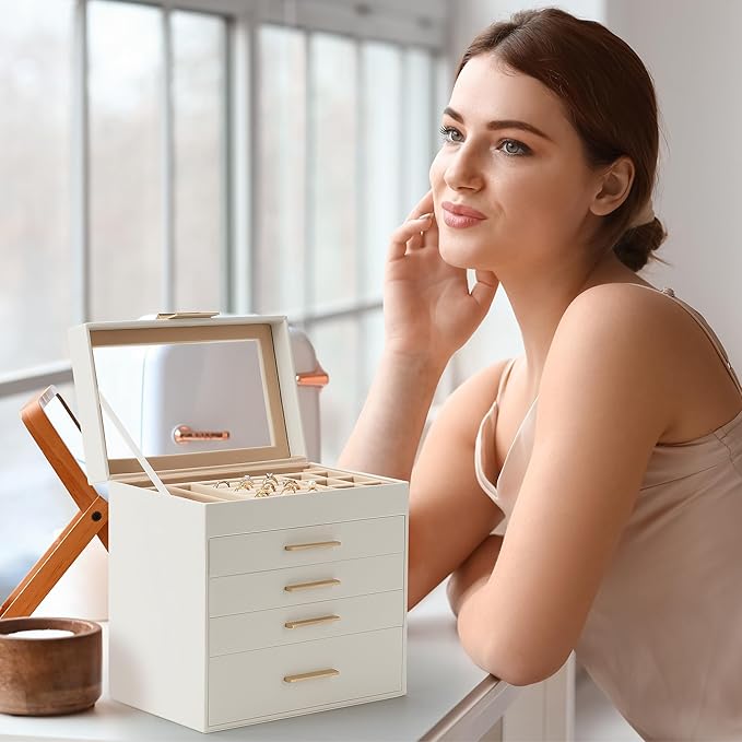 Somduy Jewelry Box, 5 Layers Jewelry Storage Display Box with Glass Lid for Women, 4 Drawers,Large Capacity for Necklace Earrings Bracelets Rings,White
