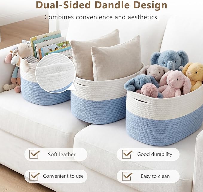 ECDYQXVU Cotton Rope Storage Basket, 15x10x9 Inches, Woven Basket for Shelves, Clothes, Towels, Books, and Laundry, White Blue (3 Pack)
