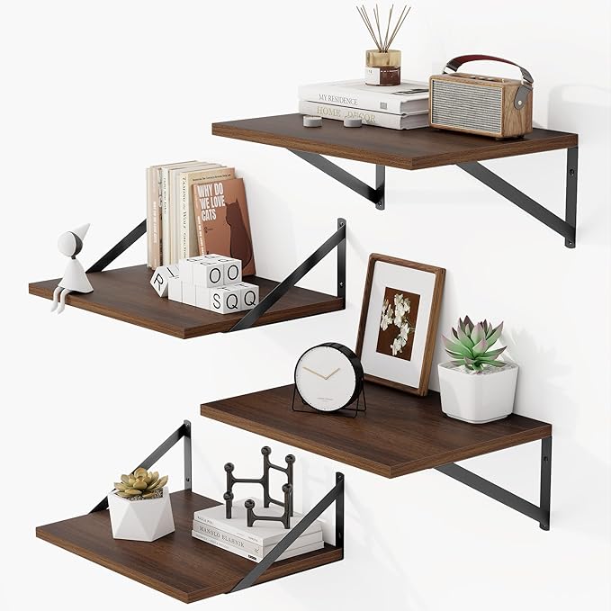 Heimlove 12 Inch Deep Floating Shelves for Wall, 16W x 12D Wide Floating Shelves Heavy Duty Wall Mounted Shelves, Wood Wall Shelves for Living Room Bedroom Bathroom Kitchen- Set of 4