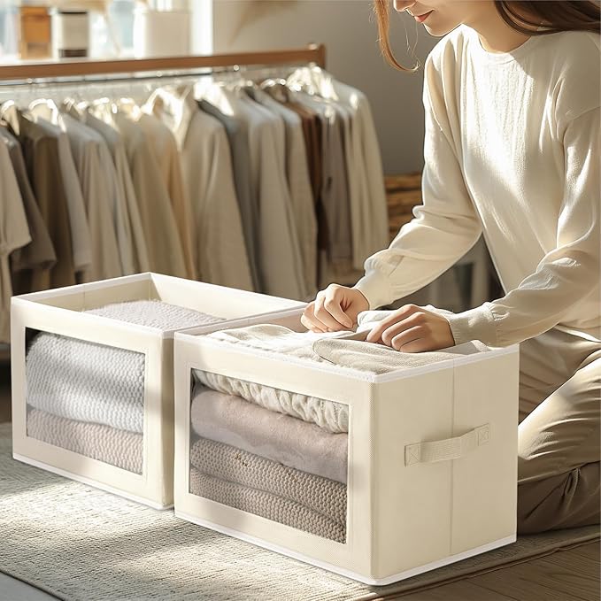 Homsorout Large Storage Baskets Bins with Lids - Stackable Cube Bins for Closet, 3 Pack Beige Windows Organizer Bins, Home Organizers and Storage for Clothes, CD, Towels