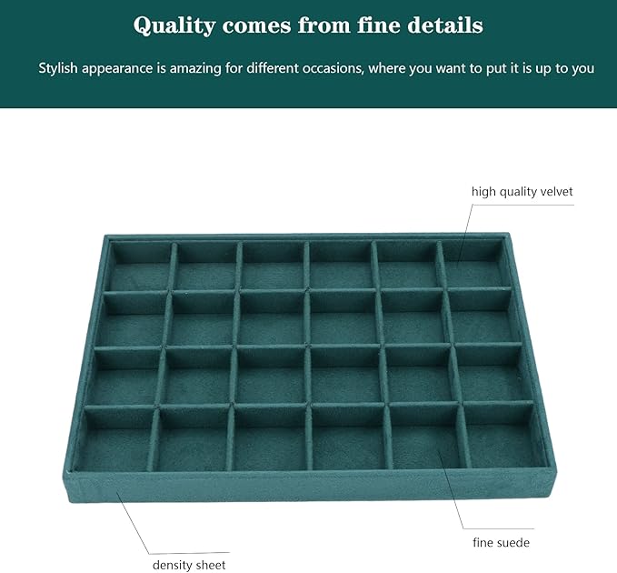 Large Velvet Jewelry Tray, Drawer Organizer for Jewelry in Dresser, Stackable Jewelry Drawer Organizer Inserts for Earring Necklace Bracelet Rings(Green,24grid)