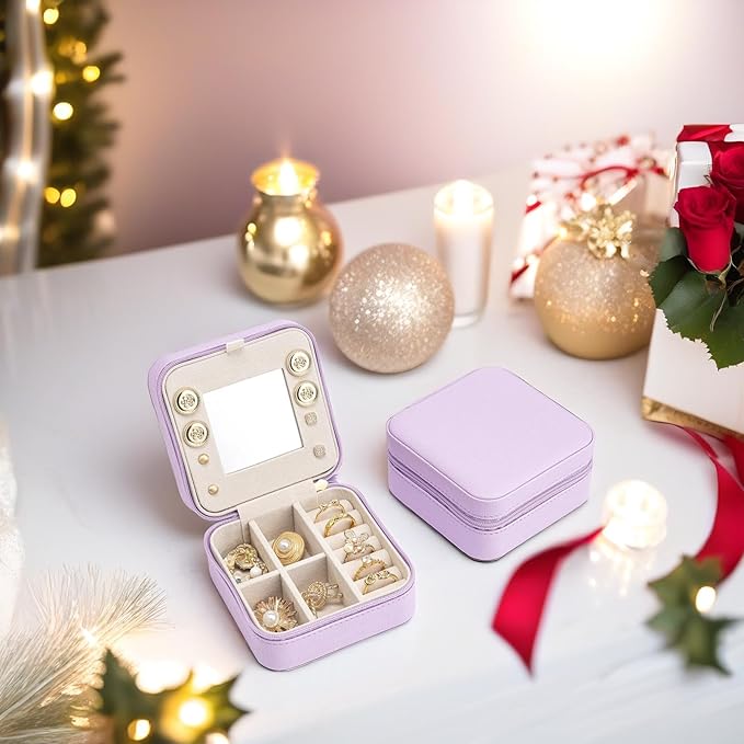 Vlando Small Travel Jewelry Box Organizer - Mirrored Carry-on Jewelries Necklaces Rings Earrings Necklace Storage Case, Purple
