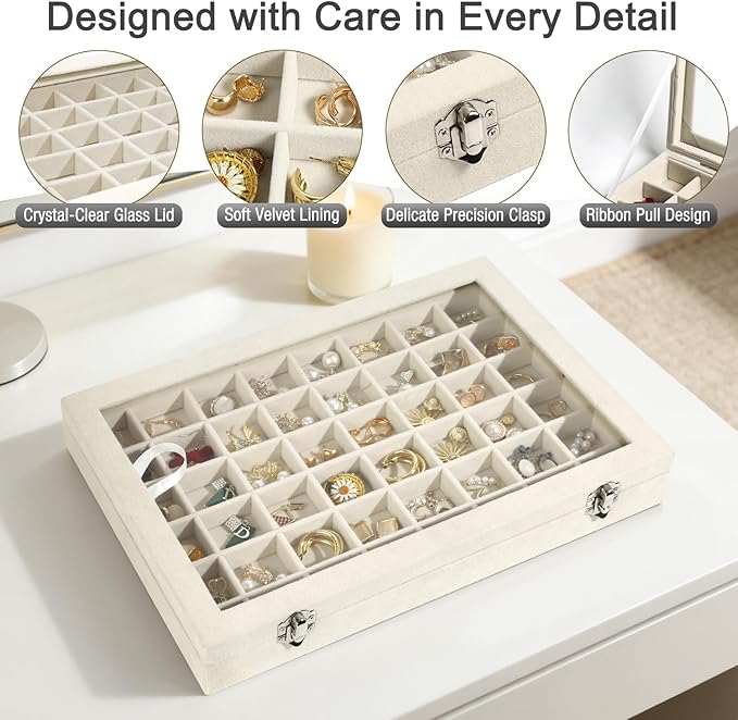 Velvet Jewelry Organizer Storage Tray, 48 Grid Adjustable Earring Holder Organizer with Clear Lid, Jewelry Display Box for Earrings, Rings, Necklaces and Studs, Gift for Women and Girls