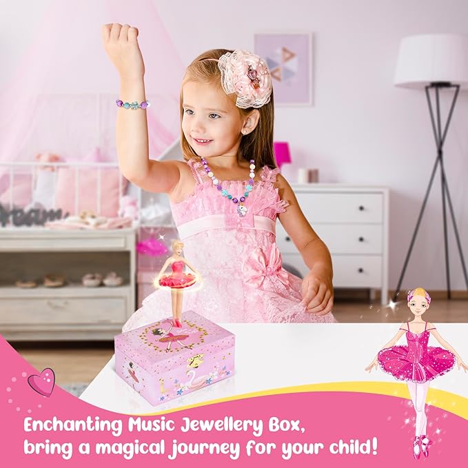 Personalized Initial L Musical Jewelry Box for Girls - Ballerina Music Box with Spinning Dancer, Includes Unicorn Necklace & Bracelet Set, Custom L Letter Keepsake for Kids Ages 3-10