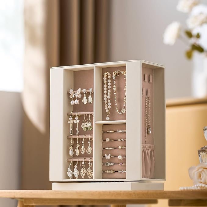 Jewelry Box Organizer for Women: 360 Rotating Vertical Storage Case, Ivory Leather with Pink Velvet, Ring Necklace Bracelet Holder, Gift Decor, 10 x 8.7 x 3.9 in