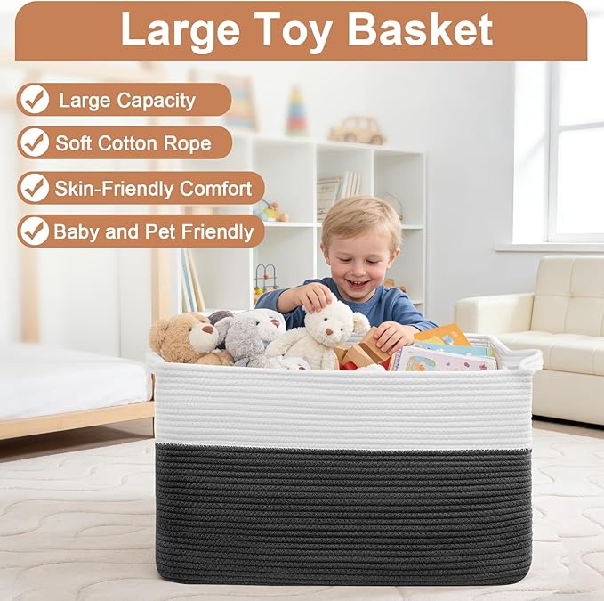 75L Large Blanket Basket, Rectangular Cotton Rope Basket, Laundry Hamper for Blankets, Pillows, Extra Large Toys Storage Bins for Kids, Dogs 22" x 17" x 12", White & Black