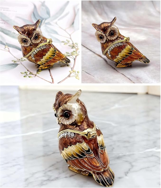 Luxury Owl Brid Hinged Trinket Box with Crystals Collectible Animal Jewelry Box for Rings Earrings,Owl Figurine Home Decor Gifts for Women