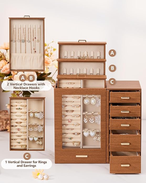 Homde Large Jewelry Box/Organizer/Case with Glass Window, Drawers for Necklaces Earrings Rings Bracelets Watches Gift for Women Girls