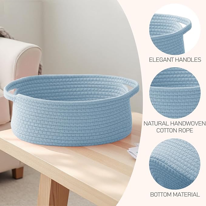 JMvicyroam Woven Basket,Small Rope Storage Bin with Handles & Ribbon Bag, Organizer for Shelves Closets,Gift Basket Empty for Birthday,Books,Dog Toys, Blue