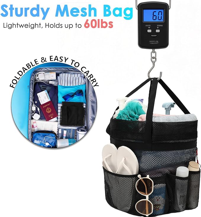 Fammart Mesh Shower Caddy Portable with Drawstring, Dorm Room Essentials for College Girls Guys, 8-Pocket Large Shower Bag Basket Tote for Camping Beach Gym Travel Toiletry Bathroom