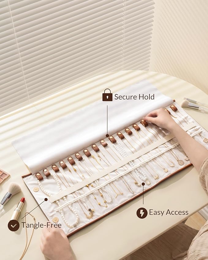 Lolalet Travel Necklace Organizer, Tangle-Free Necklace Case for Travel, Leather Foldable Roll Up Jewelry Storage Bag for Necklaces Chains Bracelets, Mothers Day Gift