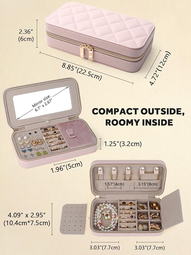Travel Jewelry Case with Mirror, Quilted Small Jewelry Box Organizer for Women Girls, Portable Earring Necklace Bracelet Ring Holder Storage for Travel Weekend Trips (Blush Pink)