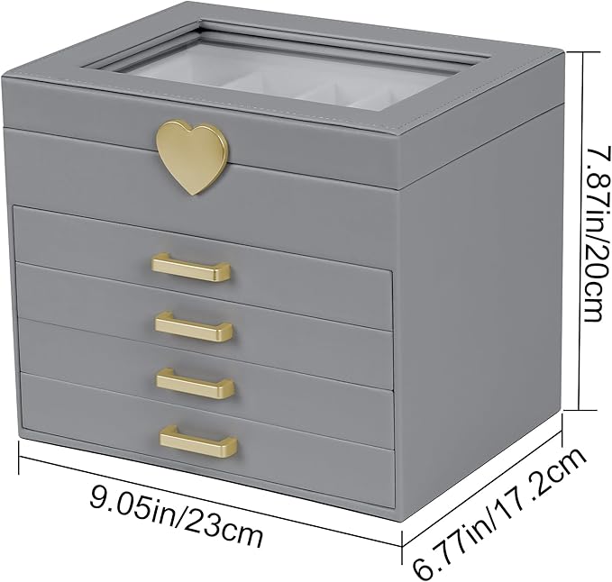 Kendal Jewelry Box, 5-Layer Jewelry Organizer Box with Glass Lid, Gray, Heart Shaped PU Leather, Storage Box for Necklace Earrings Rings Bracelets, Gift Idea for Girls LJC4DRGY