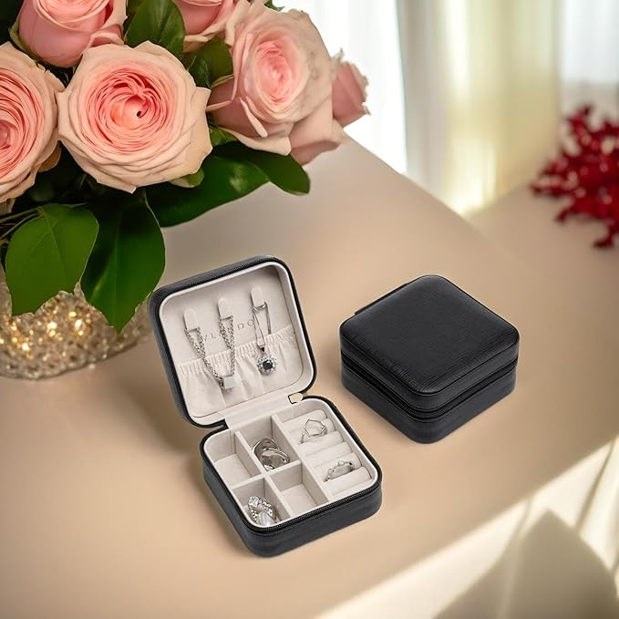 Vlando Small Faux Leather Travel Jewelry Box Organizer Display Storage Case for Rings Earrings Necklace, Black