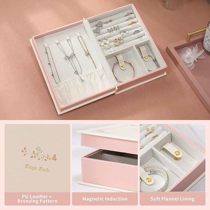 PU Leather Book Jewelry Organizer Box with Magnetic Closure, Stylish Jewelry Box for Women and Girls,Travle Jewelry Case for Rings Necklaces Earring (Ashy Pink)