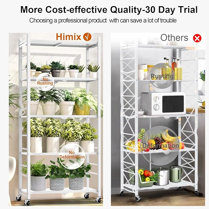 Himix Storage Shelves with 20 Hooks, 5-Tier Foldable Shelves for Storage, Collapsible Organization Rack Bookshelf 440 Ibs for Kitchen Garage Home Room, White - No Assembly