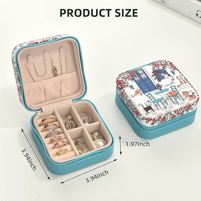 shunmei Mini Travel Jewelry Box,PU Leather Portable Jewelry Organizer Case,Art Accessories Storage Holder Boxes for Earring, Necklace, Rings, Bracelets (Six Cats)