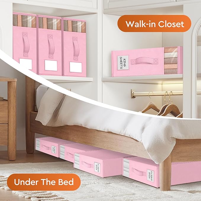 StorageTastic 2 Pack Bed Sheet Closet Organizers and Storage,Sturdy Foldable Storage Containers with Window and Label,Storage and Organization for Bedding Sheets,Duvet Covers,Blankets (Pink)