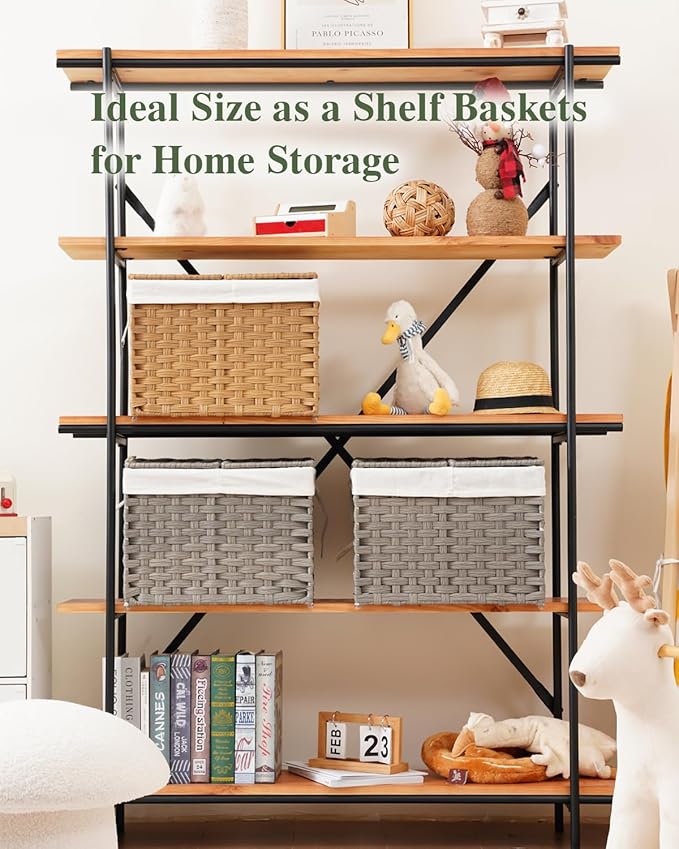 SETVSON Storage Basket with Lid Woven Wicker Baskets with 2 Separate Lid, 9.2 Gallon (35 L) Wicker Storage Bins with Handles, Foldable and 2 Removable Liner Bags for Bedroom, Laundry Room Gray
