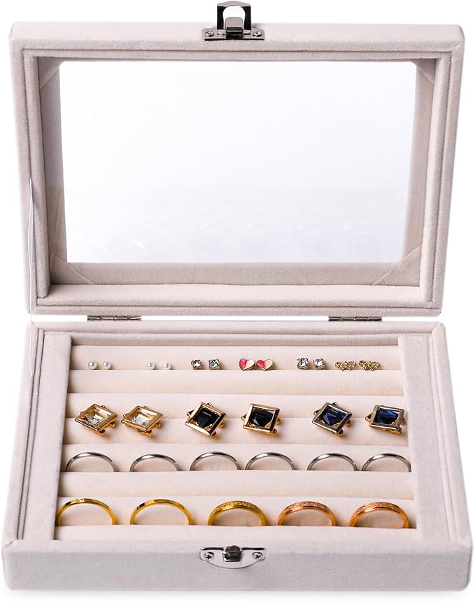 Frebeauty Rings/Earring Organizer Tray with Clear Lid,7 Slots Ring Box Velvet Ring Holder Drawer Insert Jewelry Storage Box Jewelry Display Case Jewelry Box Gift for Women and Girls(Beige,7 Slots)
