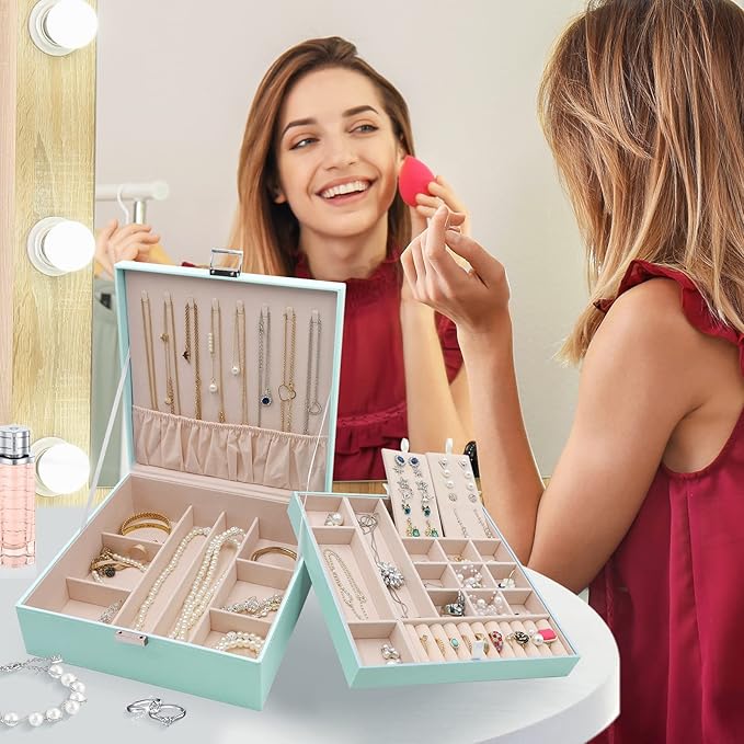 ProCase Jewelry Box for Women, 2 Layers Large Leather Jewelry Organizer Storage Case with Removable Pad for Earrings -Mint