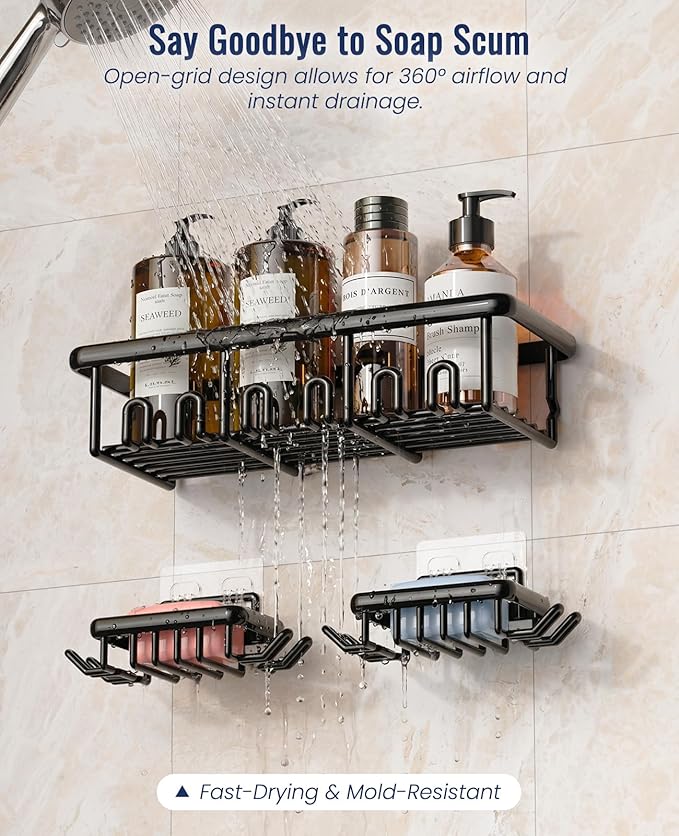 8 Pack Adhesive Rustproof Shower Shelves with Soap Dishes, Toothbrush Holder & Hooks, Large Capacity No-Drilling Shower Shelves Rack for Bathroom Organizers and Storage Accessories, Black