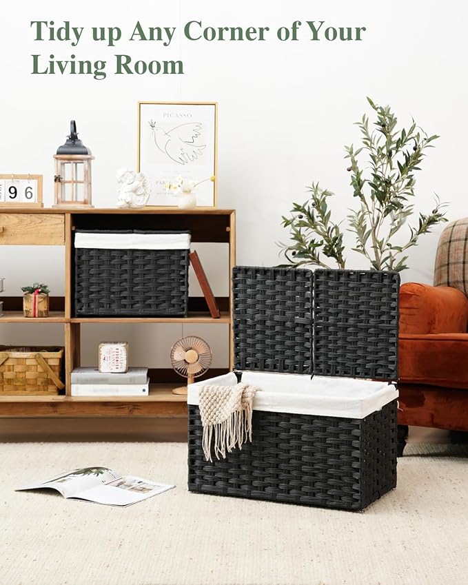 SETVSON Storage Basket with Lid Rattan Woven Storage Baskets with 2 Separate Lids, 17.2 Gallon (65 L), Wicker Storage Bins Foldable, 2 Removable Liner Bags Handles for Bedroom, Laundry Room Black