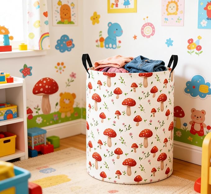 Baby Laundry Basket Baby Nursery Hamper Kids Laundry Basket Toy Storage Bin for Boys Room Decor Gift Baskets for Bedroom Bathroom(Mushroom)