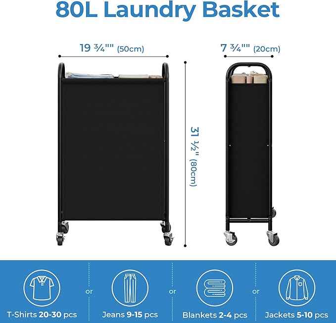 GRANNY SAYS 80L Slim Laundry Hamper with Silent Brake Wheels, Sturdy Metal Frame & Handle, Rolling Laundry Basket for Laundry Room, Bedroom, Bathroom, or RV – Great for Singles or Couples, Black