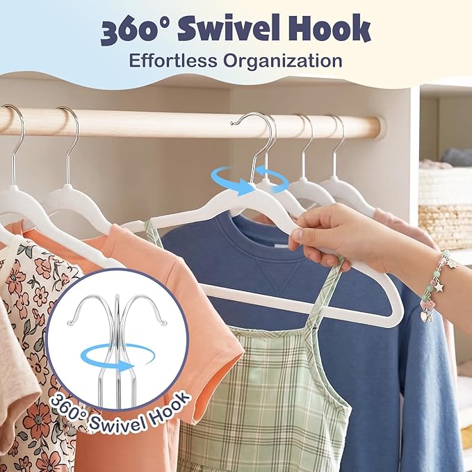 HOUSE DAY 14 Inch Kids Velvet Hangers 50 Pack, Durable Big Kids Hangers for Youth,Teen, Non Slip Kid Felt Hanger, Cute Childrens Hanger for Closet, White