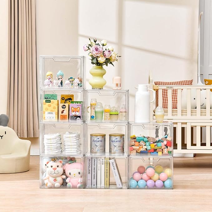 Freebat Stackable Storage Bins, Clear Acrylic Display Case, 9-Pack Acrylic Boxes with Lids, Clear Storage Containers Storage for Handbags, Collectibles & Figures
