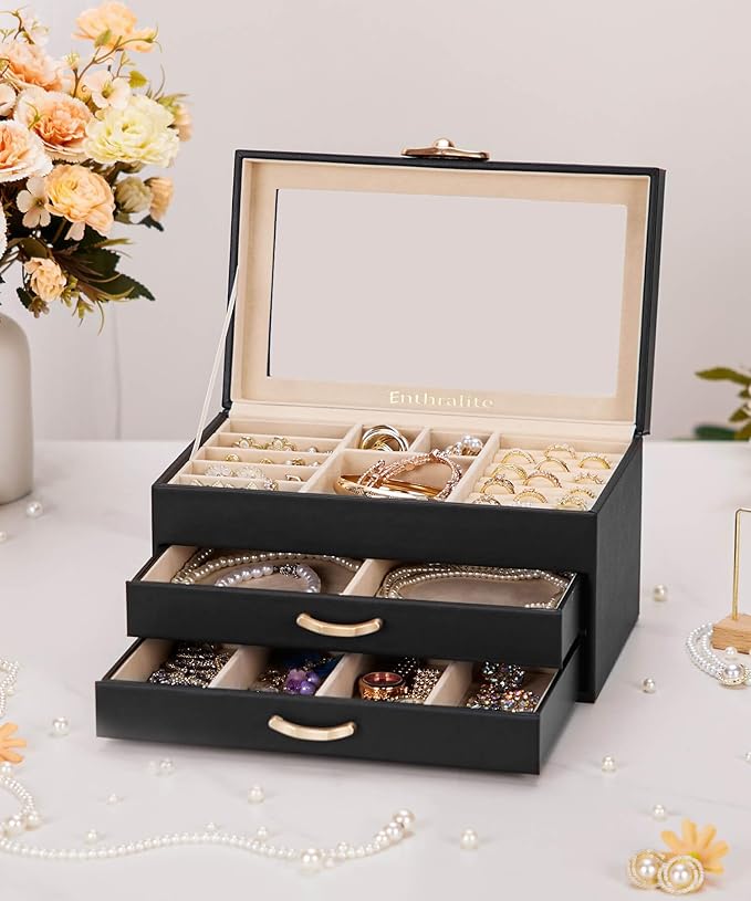 Enthralite Jewelry Box with 2 Drawers : Jewelry Display Organizer for Earrings Necklaces - Gift for Girls Women | Black