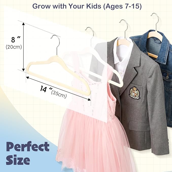 HOUSE DAY 14 Inch Kids Velvet Hangers 50 Pack, Durable Big Kid Hangers for Youth, Non Slip Kids Felt Hanger, Cute Childrens Hanger for Closet, Beige